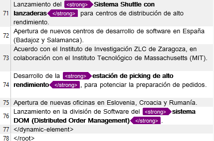Screenshot of Trados Studio showing text with strong tags for Sistema Shuttle, estacion de picking, and sistema DOM.