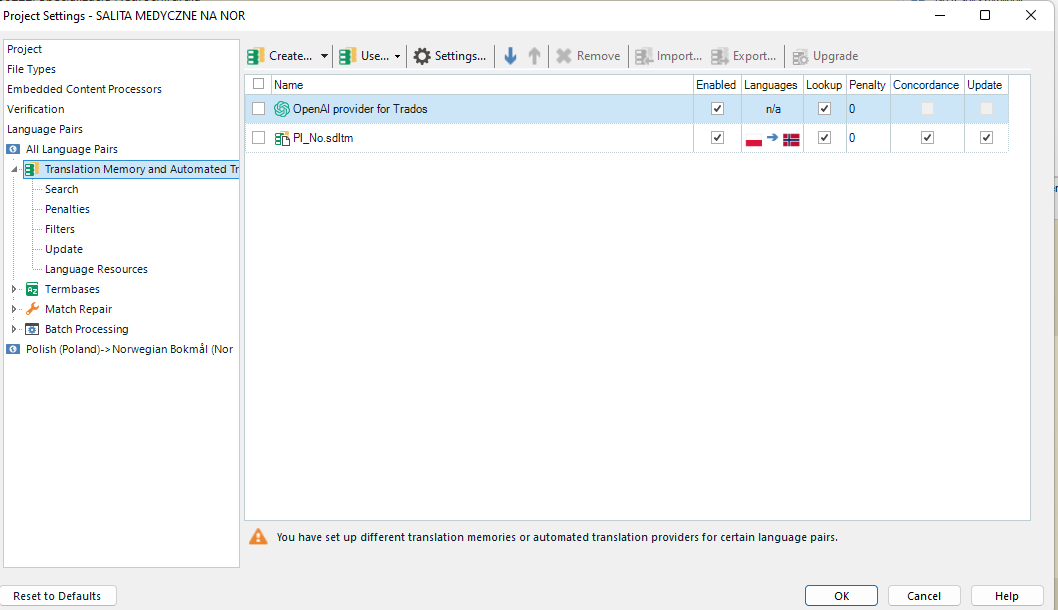 Screenshot of Trados Studio Project Settings showing a warning message: 'You have set up different translation memories or automated translation providers for certain language pairs.'