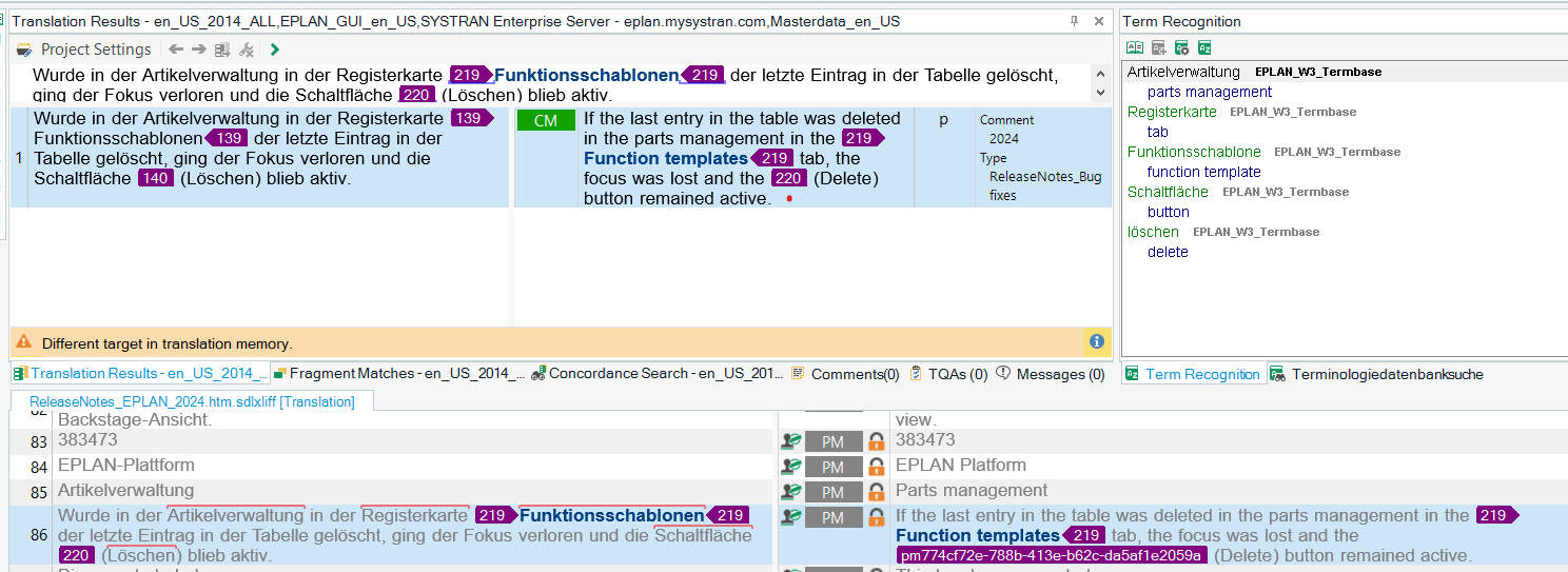 Screenshot of Trados Studio showing a warning message 'Different target in translation memory' and a translation results pane with highlighted text indicating an issue with the deletion of the last entry in a table.