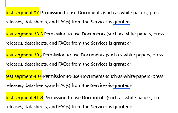 Screenshot of Trados Studio showing multiple segments with sentences starting with 'test segment' highlighted in yellow.