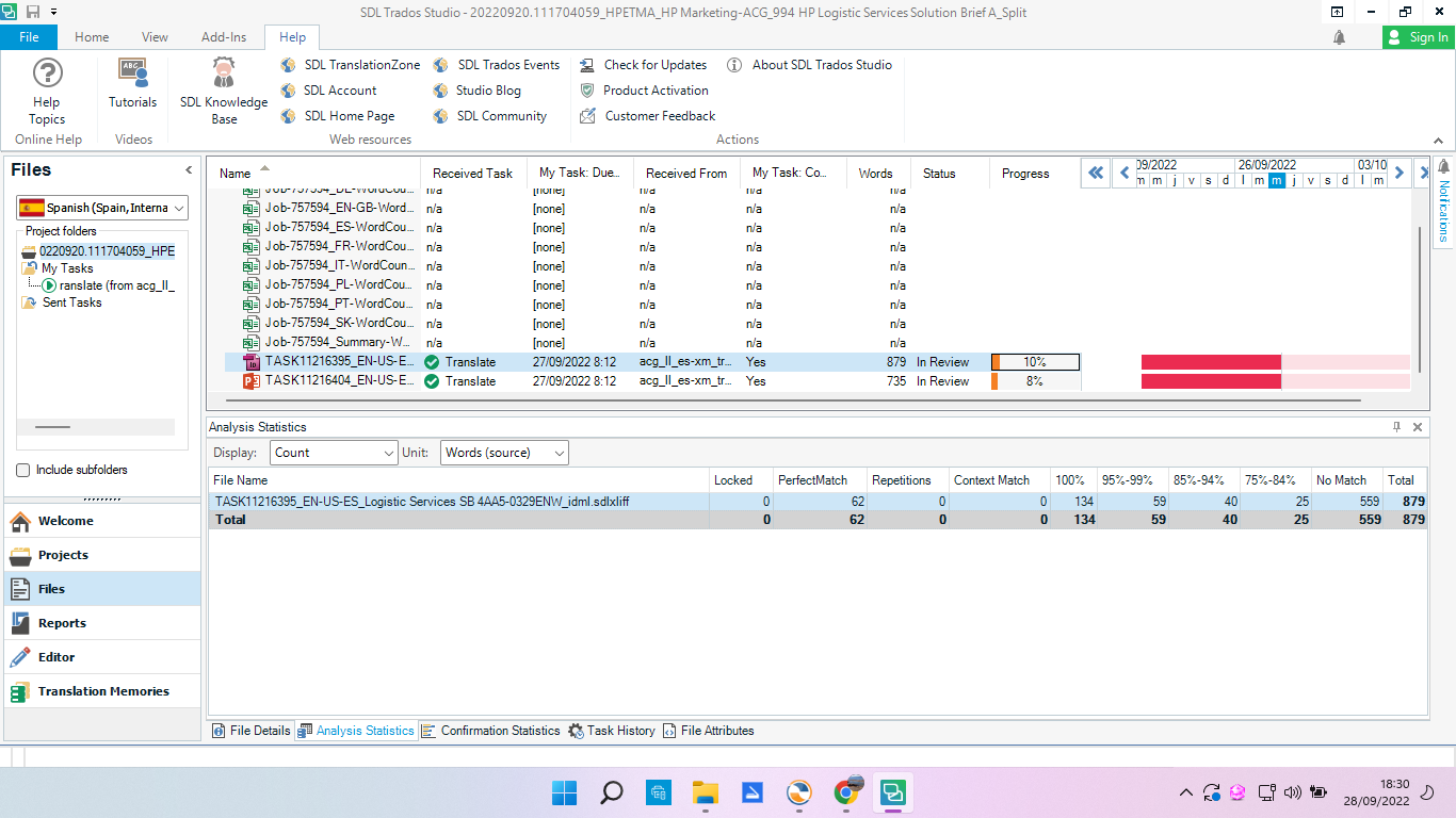 Screenshot of Trados Studio showing a file list with one file named 'TASK11216395_EN-US-ES_Logistic Services SB 4A45-0329ENW_idml.sdlxliff' highlighted, status 'In Review', progress bar at 10%.