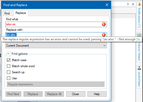 Trados Studio 2021 Find and Replace dialog box showing an error message for the replace regular expression parsing issue.
