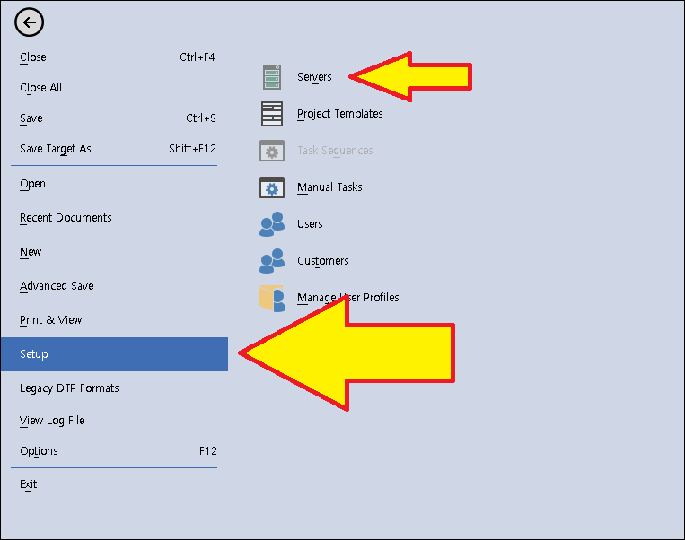 Trados Studio screenshot showing the 'File' tab menu with two arrows pointing to 'Servers' and 'Setup' options.
