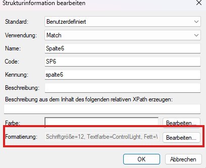 Screenshot of Trados Studio showing 'Spalte6' structure information editing with formatting details including font size and text color.