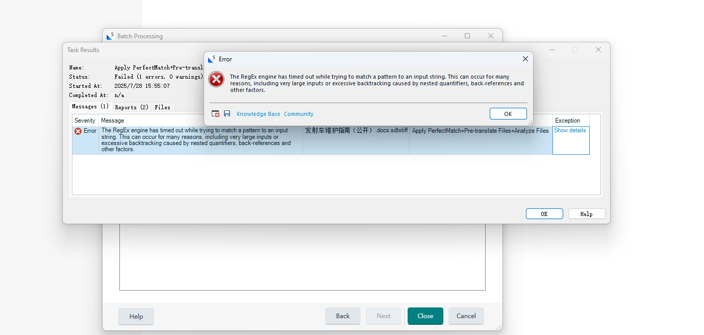 Error window showing message: The RegEx engine has timed out while trying to match a pattern to an input string. Possible reasons include large inputs or excessive backtracking.