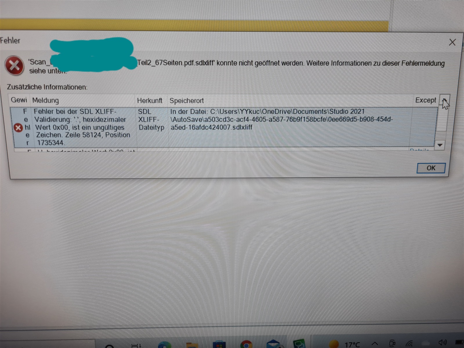 Error message in Trados Studio indicating a file cannot be opened with additional information about an invalid hexadecimal character at line 58124, position 1735344.