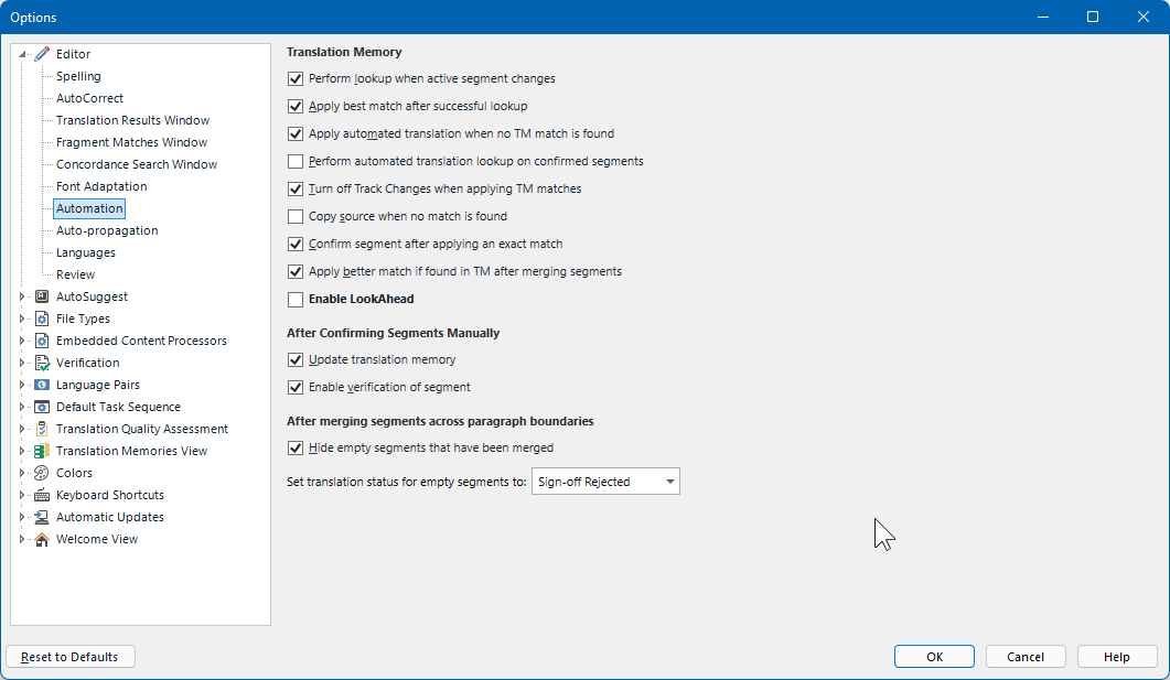 Trados Studio options menu with Translation Memory settings. The 'Enable LookAhead' option is checked.