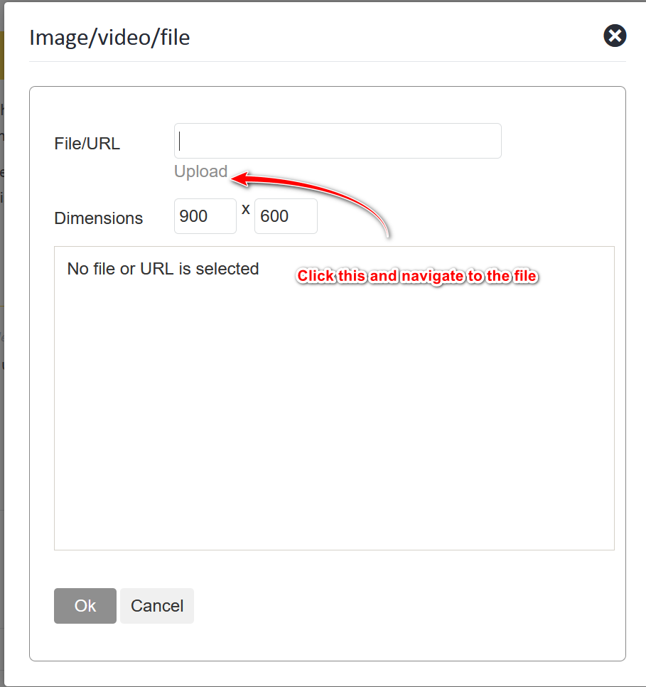 Screenshot of Trados Studio's imagevideofile upload dialog box with an arrow pointing to the 'Upload' button and a note saying 'Click this and navigate to the file'. No file selected error is visible.