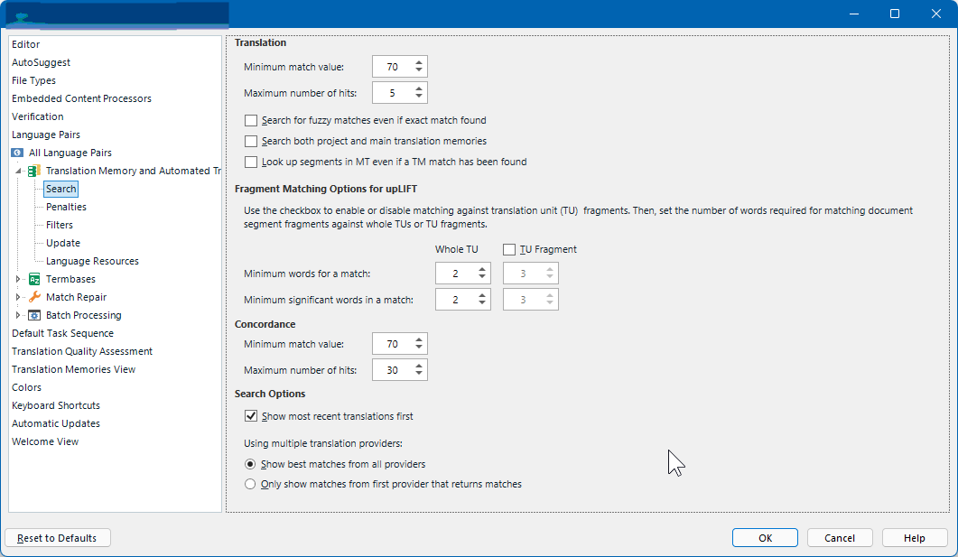 Trados Studio project settings window showing Translation options with minimum match value set to 70 and maximum number of hits set to 5. Fragment Matching Options for upLIFT are visible with checkboxes for Whole TU and TU Fragment.