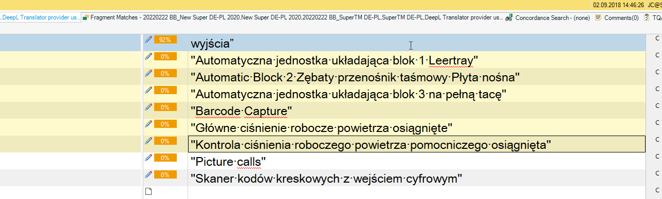 Screenshot of Trados Studio showing a list of segments with none selected, indicated by the absence of a yellow background.