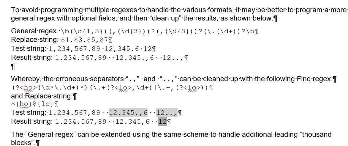 Screenshot of a text editor with regex code for handling various number formats in Trados Studio. It includes general regex with optional fields and a method to clean up results.
