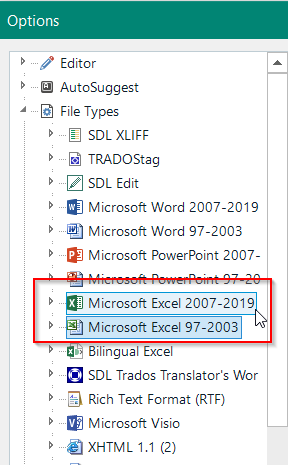 Trados Studio Options menu showing File Types with a red 'X' next to Microsoft Excel 2007-2019 indicating a missing or outdated filter.
