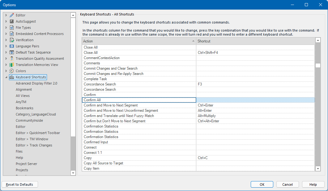 Trados Studio options menu showing Keyboard Shortcuts with 'Confirm All' highlighted and assigned to Ctrl+Enter.