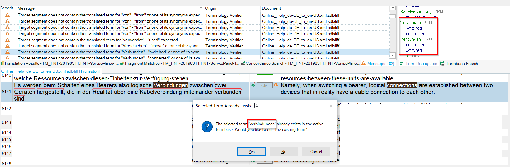 Trados Studio error messages indicating missing translated terms for 'von', 'verwendet', 'Verschieben', 'Verbunden', and 'Verbindungen' in the target segment.