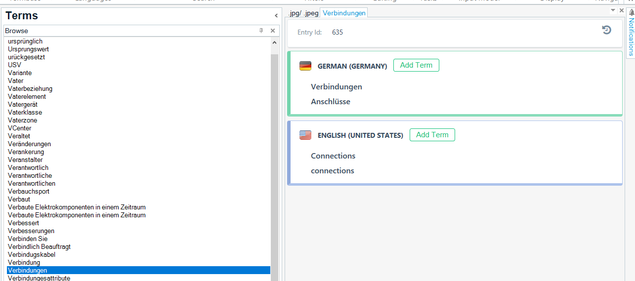 Pop-up message in Trados Studio showing 'Selected Term Already Exists' for the term 'Verbindungen' with options to edit the existing term.