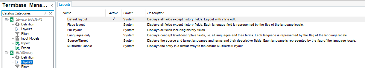 Screenshot of Trados Studio Termbase Manager displaying a different termbase with 'Default layout' at the top, followed by 'Flags layout'.