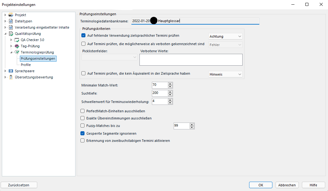 Trados Studio QA Checker settings window with options for terminology verification, including checking for missing target language terms and terms with no equivalent in the target language.