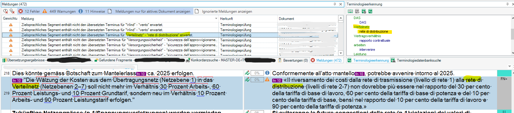 Trados Studio warning message indicating a terminology verification issue with the term 'Verteilnetz' in German and 'rete di distribuzione' in Italian, showing over 400 warnings.