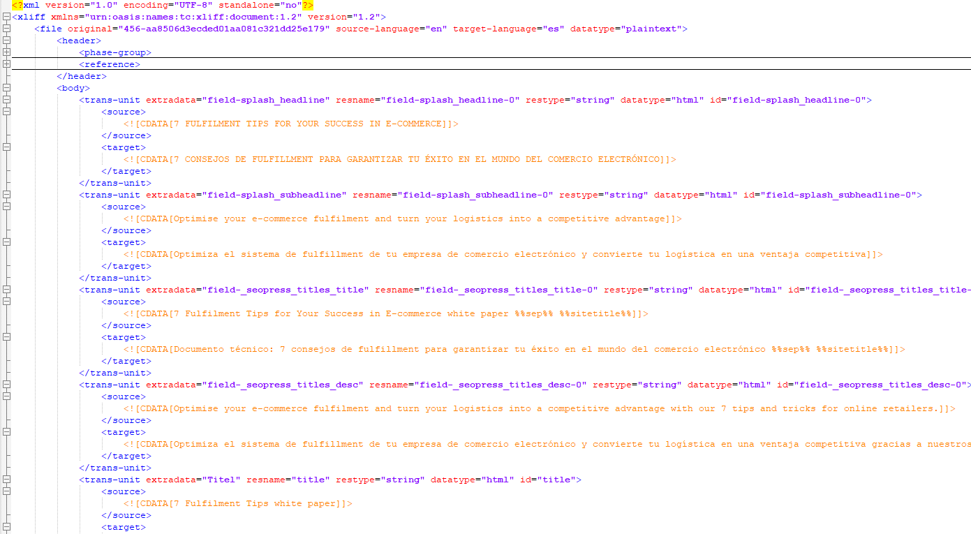 Screenshot of an XLIFF file code with English source text and Spanish target text, no visible errors in the code.