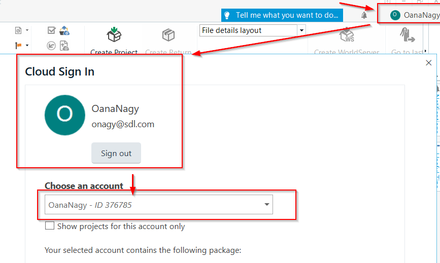 Trados Studio interface showing 'Cloud Sign In' with user OanaNagy signed in and email onagy@sdl.com displayed. User's name OanaNagy also appears at the top right corner of the screen.