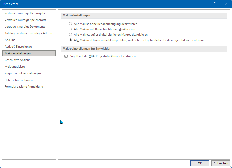 Screenshot of Word Trust Center settings showing Macro Settings section with 'Disable all macros without notification' selected and 'Trust access to the VBA project object model' checked.