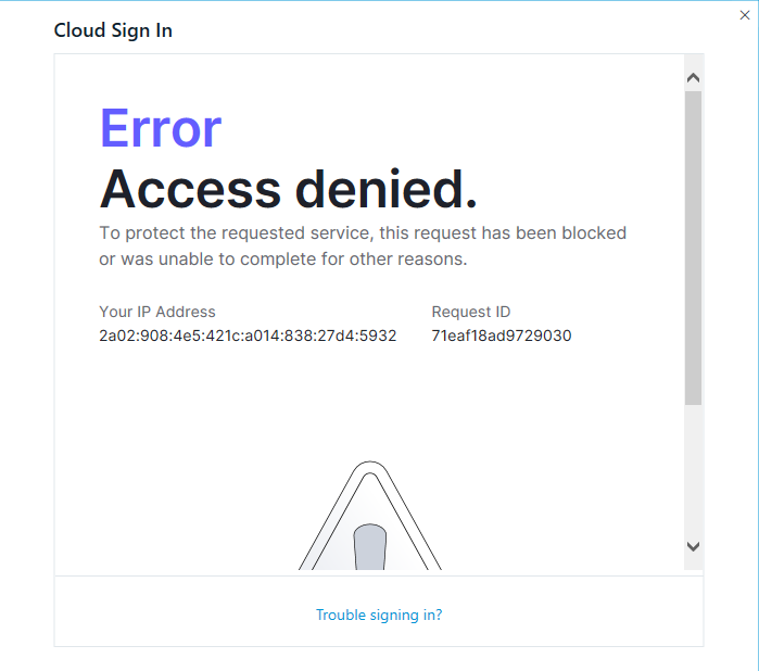 Trados Studio Cloud Sign In error message displaying 'Access denied' with a description that the service request has been blocked and an exclamation mark icon. Includes IP Address and Request ID.