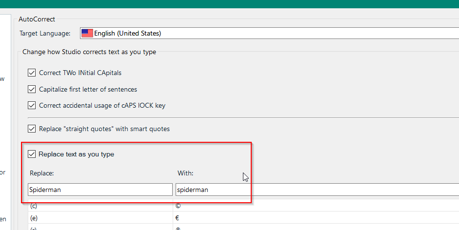 Trados Studio AutoCorrect settings window showing options for text correction. 'Replace text as you type' is checked with 'Spiderman' set to be replaced with 'spiderman'.
