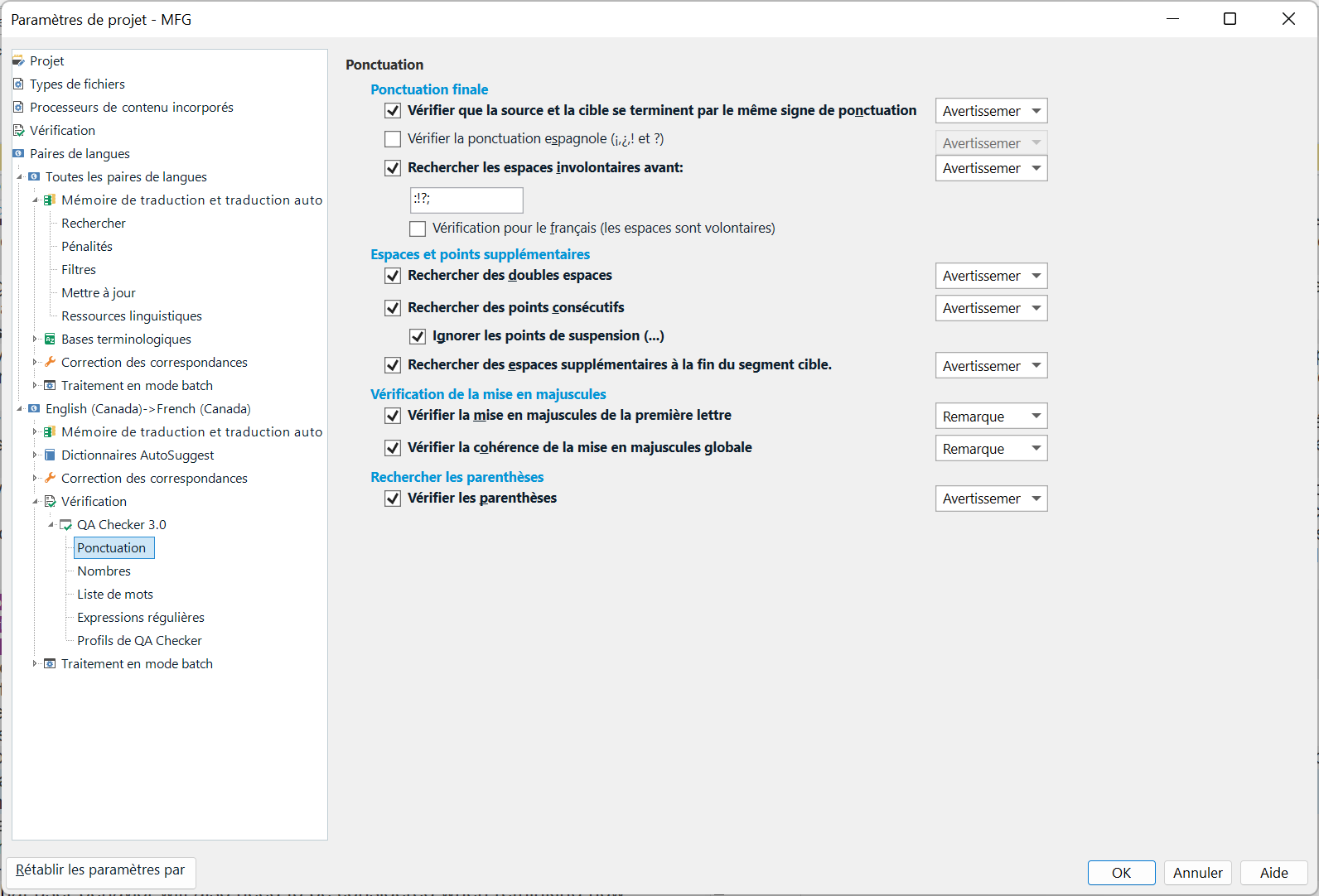 Screenshot of Trados Studio project settings showing QA Checker 3.0 options for punctuation, spaces and points, and capitalization verification with all options checked and set to 'Warn' or 'Note'.