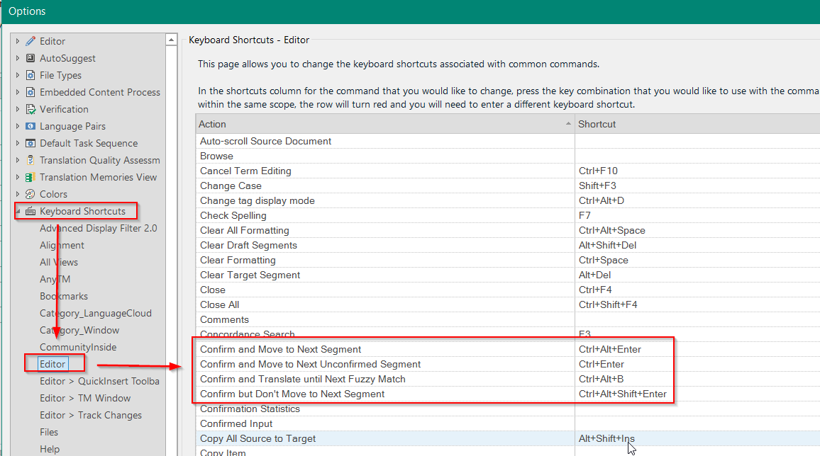Trados Studio screenshot of the Options menu with 'Keyboard Shortcuts' selected, showing a list of editor commands and their shortcuts, with 'Confirm and Move to Next Segment' highlighted.