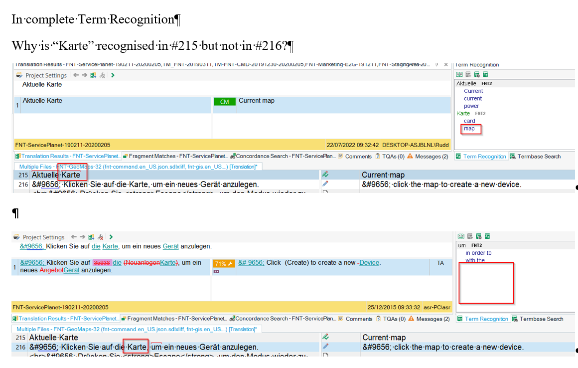 Screenshot of Trados Studio showing incomplete term recognition with the term 'Karte' recognized in segment #215 but not in #216. Error message and warning symbols are visible.