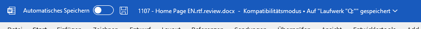 Microsoft Word title bar showing '1107 - Home Page EN.rtf.review.docx - Compatibility Mode' and 'Saved on Drive 'Q:''