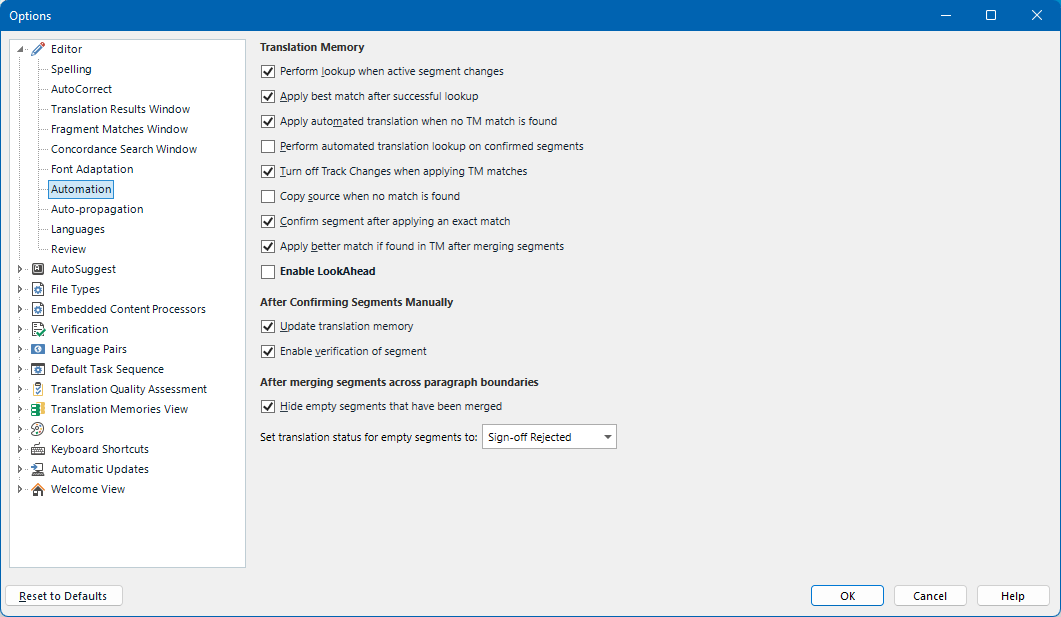 Trados Studio options menu with Translation Memory settings, checkboxes for various features such as 'Apply best match after successful lookup' and 'Enable LookAhead' are checked.