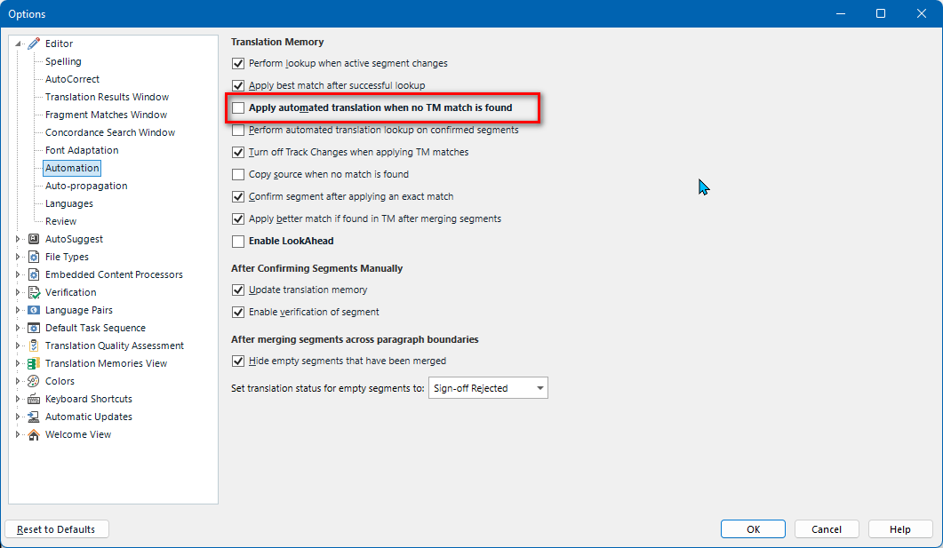 Trados Studio options menu with 'Apply automated translation when no TM match is found' option highlighted in red, indicating it must be activated as per Alessia Vonau's instruction.