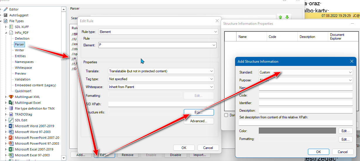 Trados Studio parser rules interface showing the selection of the 'Paragraph' element rule with an arrow pointing to the 'Edit' button for structure information.