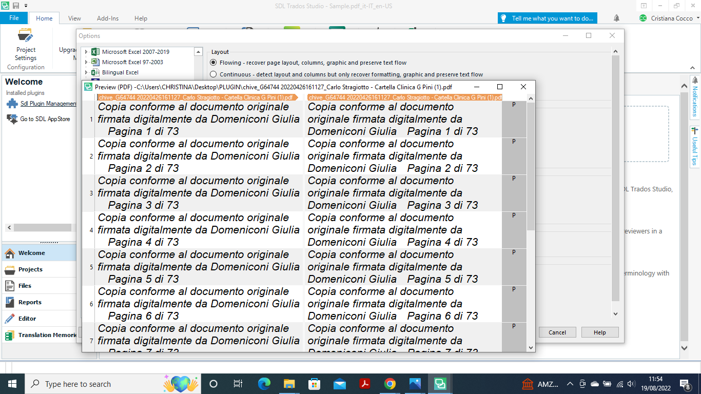Trados Studio screenshot displaying a PDF preview with repeated text 'Copia conforme al documento originale firmata digitalmente da Domeniconi Giulia' indicating a possible file corruption issue.