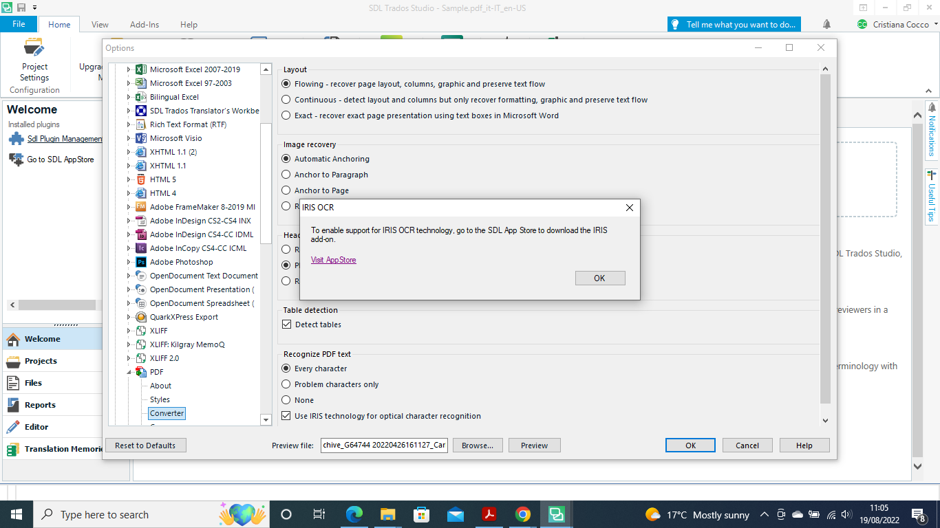 Trados Studio screenshot showing the Plugin Management window with IRIS OCR plugin installed. A pop-up message indicates to download the IRIS add-on from the SDL App Store for enabling support.