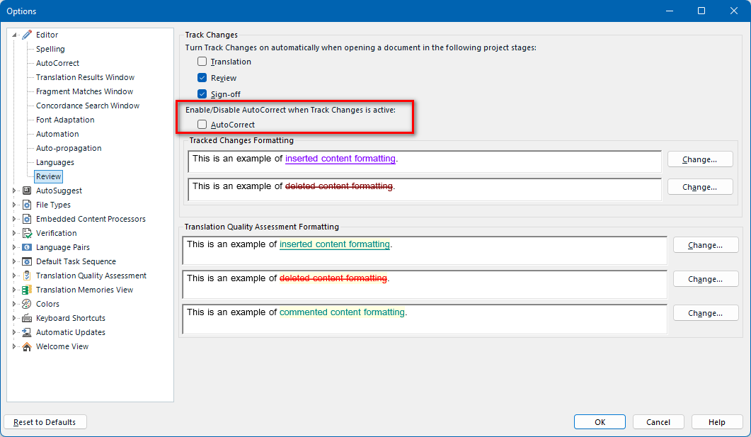 Trados Studio options menu with Track Changes section open, showing an error with 'EnableDisable AutoCorrect when Track Changes is active' option highlighted in red.
