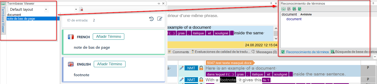 Trados Studio screenshot showing the Termbase Viewer with 'Default layout' selected and terms in French and English for 'footnote'.