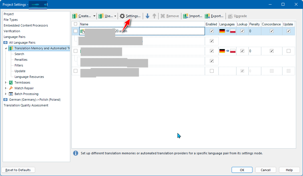 Trados Studio Project Settings window with an arrow pointing to the 'Settings' button of a Translation Memory in the list.