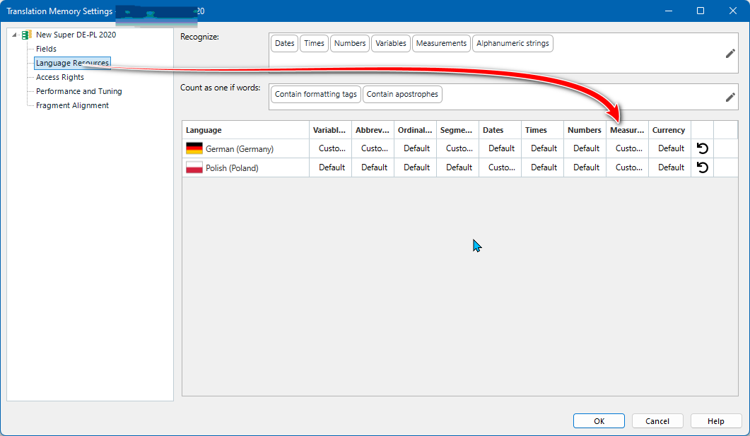 Translation Memory Settings window for 'New Super DE-PL 2020' with various recognition options for dates, times, numbers, and other variables.