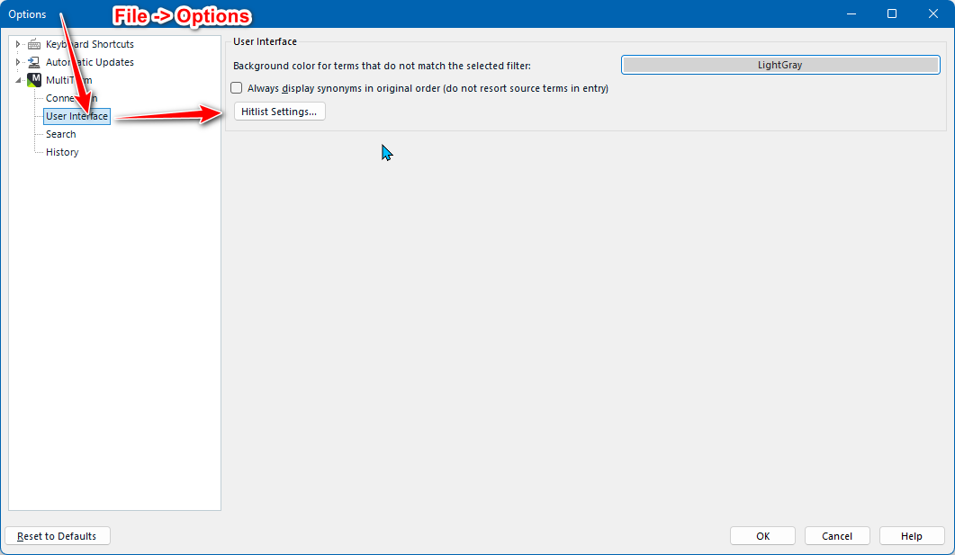 Screenshot of Trados Studio 'Options' menu with a red arrow pointing to 'Hitlist Settings...' button under the 'User Interface' section.