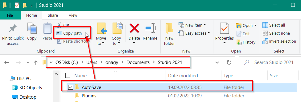 Screenshot of a file explorer window with the 'Studio 2021' folder open, showing the 'Copy path' option highlighted in the context menu and the 'AutoSave' folder selected.