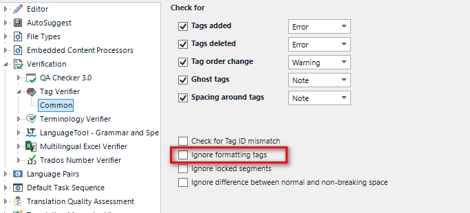 Trados Studio Verification settings with 'Ignore formatting tags' option unchecked and highlighted in red.