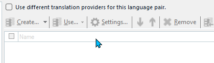 Screenshot of Trados Studio showing the option to 'Use different translation providers for this language pair' with a cursor pointing to the 'Settings' button.