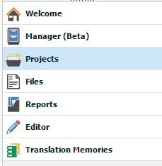 Trados Studio navigation pane showing options such as Welcome, Manager (Beta), Projects, Files, Reports, Editor, and Translation Memories.