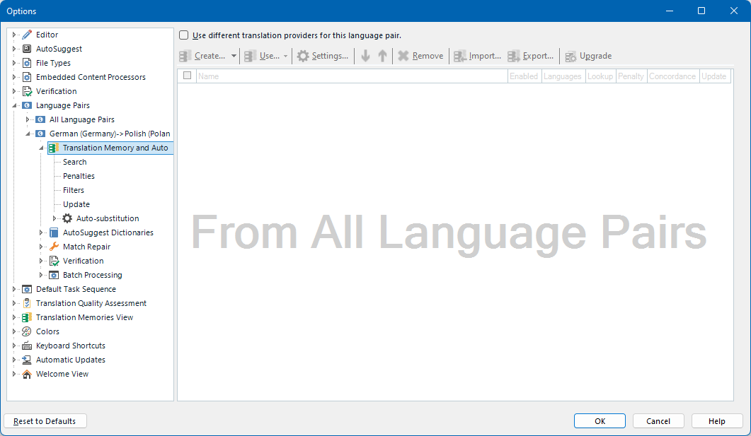 Trados Studio Options window with Language Pairs expanded showing German to Polish pair and a highlighted message 'From All Language Pairs'.