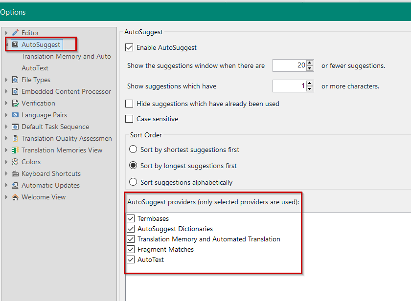 Trados Studio AutoSuggest options window showing enabled AutoSuggest with various settings and selected providers including Termbases, AutoSuggest Dictionaries, Translation Memory and Automated Translation, Fragment Matches, and AutoText.