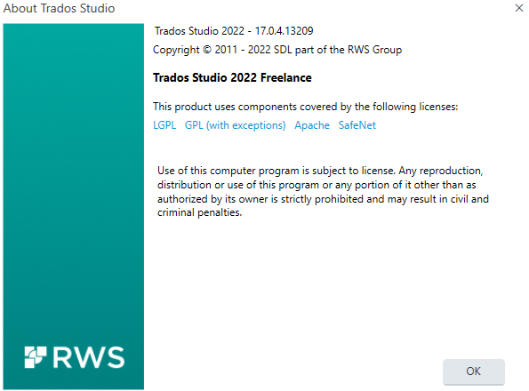 About Trados Studio dialog box showing version 2022 - 17.0.4.13209, Trados Studio 2022 Freelance, and copyright information with RWS logo at the bottom.