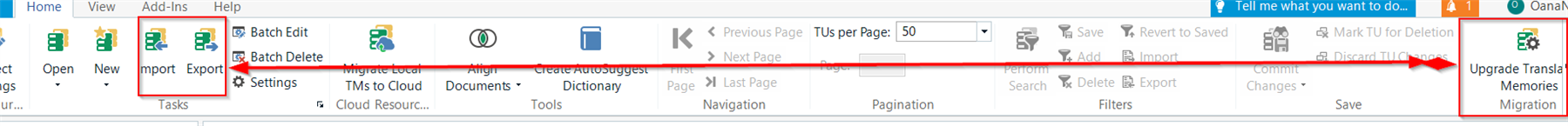 Screenshot of Trados Studio ribbon showing Translation Memories view with 'Import' and 'Export' options highlighted.