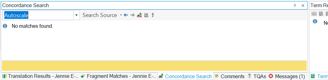 Trados Studio screenshot showing the Concordance Search panel with 'Autoscale' selected and a message 'No matches found.'